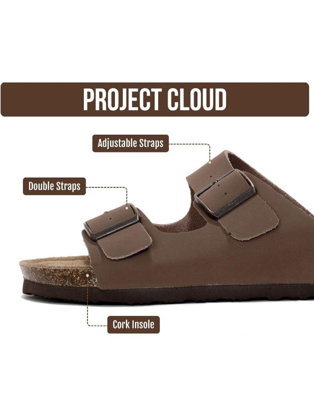 Women's Brown Leather Slide Cork Footbed Double Buckle Arch Support Sandals - Picture 4 of 6